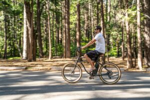 man riding bike in woods