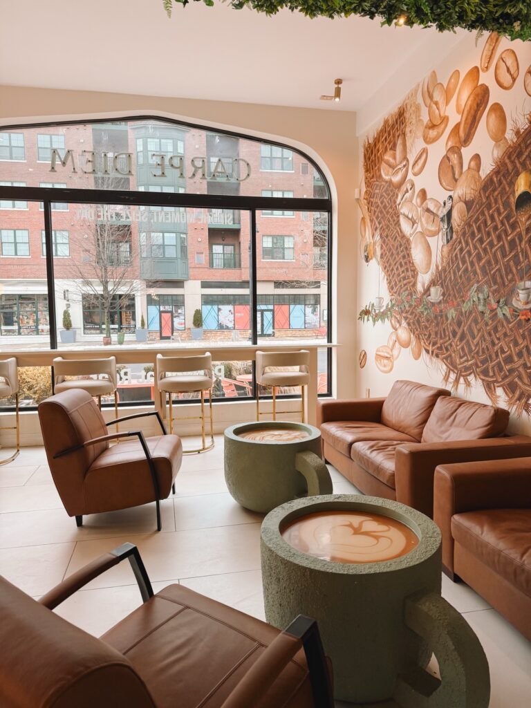 coffee shop with leather couch and boho design