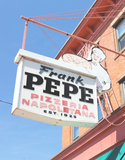 Local pizza place sign for Frank Pepe's in New Haven